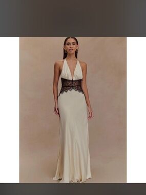 Meshki Dinah Cream Halter Maxi Dress with Black Lace Waist